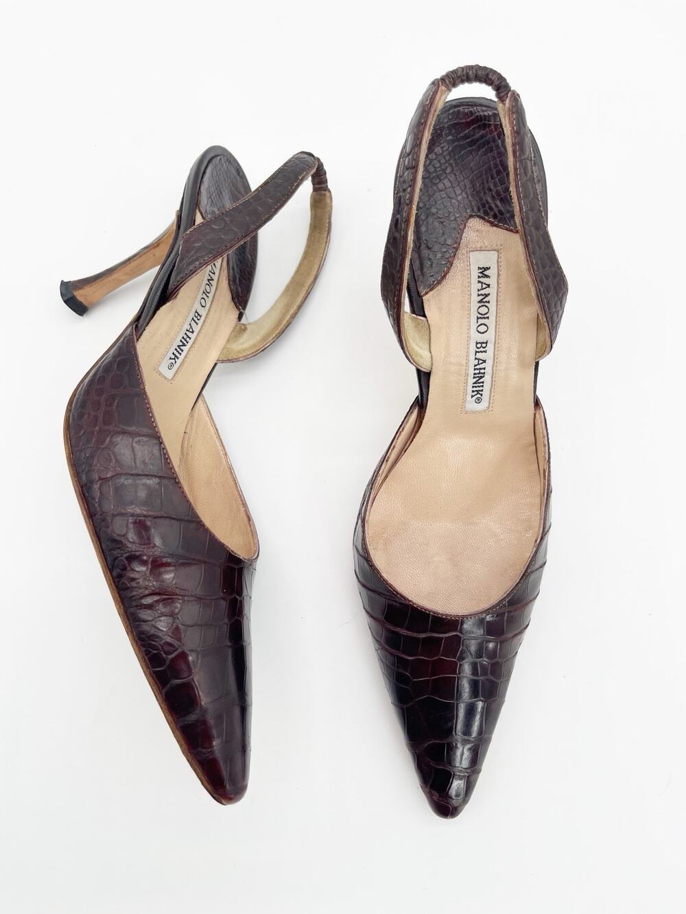 Manolo Blahnik Vintage Carolyne Brown Alligator Leather Slingback Heels IT 37